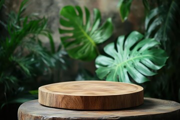 Round wooden slice on rustic table, lush green leaves backdrop. Perfect for product displays, showcasing natural, organic items or healthy food.