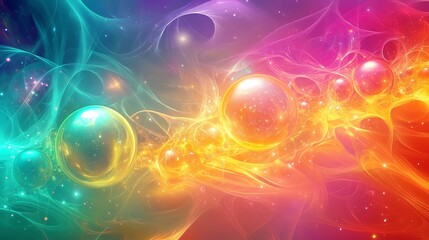 Obraz premium Abstract Cosmic Design Featuring Colorful Spheres and Vibrant Waves of Light Across a Swirling Background