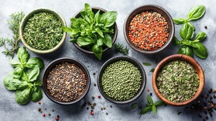 Assorted herbs and spices in bowls on a grey background.