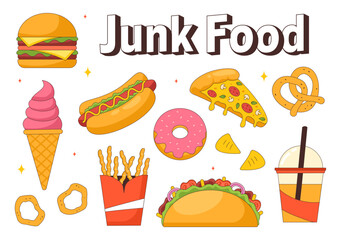 Junk Food Vector Illustration featuring Fast Food Meals such as French Fries, Pizza, Fried Chicken, and Hamburgers in a Flat Style Cartoon Background