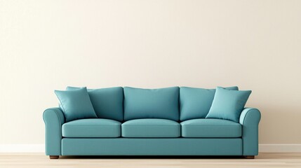 Teal Sofa Against Beige Wall in Minimalist Living Room