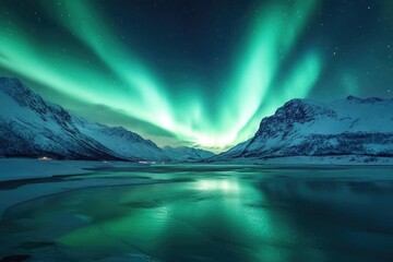 Naklejka premium aurora borealis swirls in starlit mountain landscape