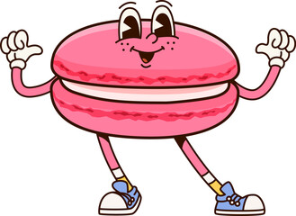 Groovy macaroon dessert character. Isolated cartoon vector sweet confectionery personage pointing on itself with thumbs. Cute French pastry or bakery, confident patisserie product for kids cafe menu