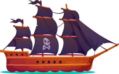 Corsair pirate antique brigantine sail ship. Privateer historical frigate sailboat. Filibuster antique brigantine ship isolated vector or buccaneer ancient caravel warship with Jolly Roger skull © Vector Tradition
