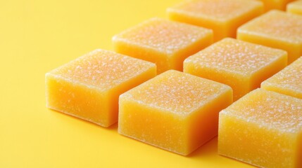 Close-up of several square-shaped, yellow, sugary candies arranged on a yellow background.