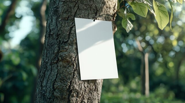 Blank white paper mockup attached to tree trunk in lush green forest. Nature-themed template for announcements or messages