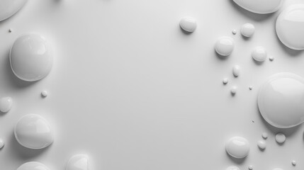 White liquid drops on white background, copy space
