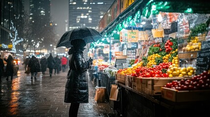 Obraz premium Woman with umbrella at night market during snowfall, looking at produce.