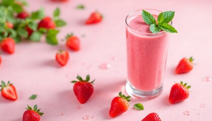 A refreshing strawberry smoothie garnished with mint leaves, surrounded by fresh strawberries on a soft pink background, evoking summer vibes.