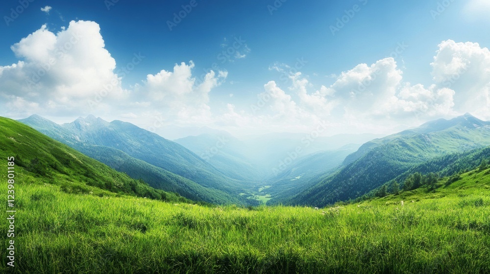 Aufkleber Breathtaking view of lush green mountains under a bright blue sky with fluffy clouds in a serene valley during daylight. Generative AI