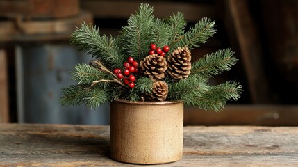 Fototapeta premium Rustic Christmas arrangement in a pot, pine, cones & berries. Perfect for holiday cards, blogs, or rustic winter themes.