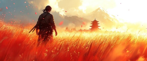Fototapeta premium Lone samurai walks through a red field towards a pagoda at sunset.
