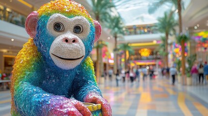 Rainbow monkey statue in a bright shopping mall.