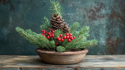 Rustic Christmas arrangement: pine, berries, and cone in a bowl. Perfect for holiday cards, blogs, or festive website designs.