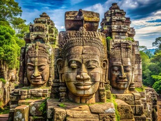Majestic Bayon Temple, Angkor Thom, Cambodia: Ancient Stone Faces and Lush Jungle