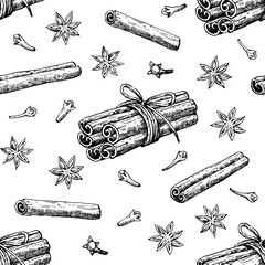 Seamless pattern with cinnamon, star anise and clove. Hand-drawn vector illustration in black and white engraving style.