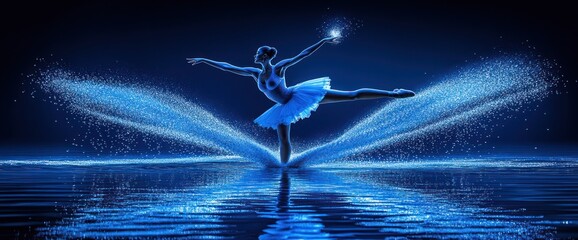 Ballerina in blue light, elegant pose, water reflection, magical sparkles.