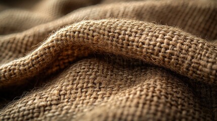 Fototapeta premium Close-up of textured, brown burlap fabric with folds and shadows.