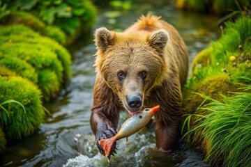 Fototapeta premium Majestic Brown Bear Cub Dines on Alaskan Salmon in Aerial Drone Photography