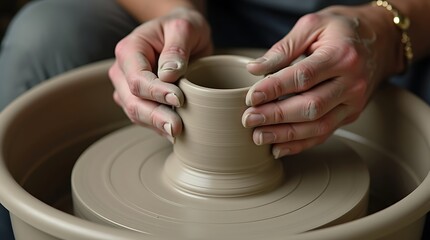 Close-up of an artisan's hands shaping clay on a pottery wheel, showcasing craftsmanship, creativity, and the traditional art of ceramics in a detailed and focused shot

