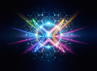 Fototapeta premium A vibrant, double exposure image depicts a glowing orb encircled by multicolored energy streaks and a geometric lattice. The effect is dynamic and futuristic.