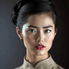 Mujer hermosa con peinado clásico y maquillaje sofisticado en estudio