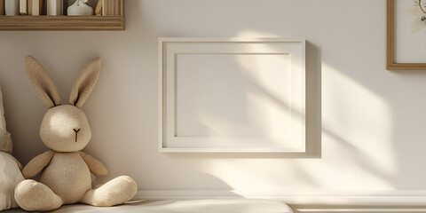 Minimalist Nursery Mockup: A square, framed canvas mockup in a minimalist nursery setting with soft natural light and a plush bunny toy.