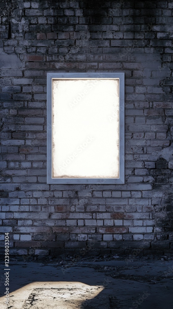 Poster blank framed artwork on a brick wall illuminated by soft light in a quiet space. generative ai