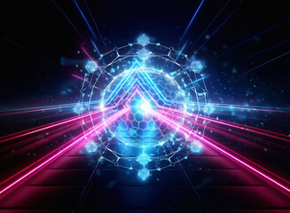 Fototapeta premium A mesmerizing double exposure image showcases a glowing orb at the center of intersecting light trails. The orb's intricate geometric design radiates energy, creating a futuristic and vibrant scene.