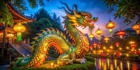 Obraz premium Majestic Dragon Statue Illuminated by Lanterns at Night