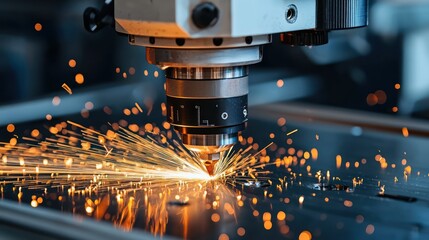 A close-up of a laser cutting machine in action, producing sparks during metal fabrication.