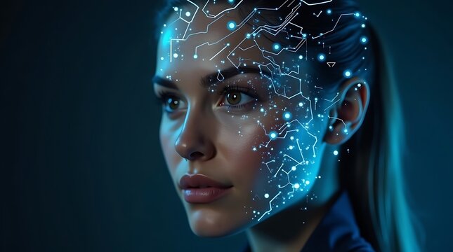 A futuristic concept of artificial intelligence and facial recognition featuring a young woman with glowing augmented reality holographic interface technology scanning her face in a cyber environment
