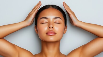 Naklejka premium A serene portrait of a woman with closed eyes, conveying tranquility and self-care.