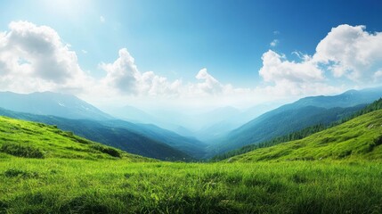 Scenic mountain valley with lush green grass under a clear sky during daylight hours in a tranquil setting. Generative AI