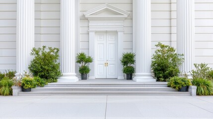 White building entrance, columns, plants, steps.  Architecture photography