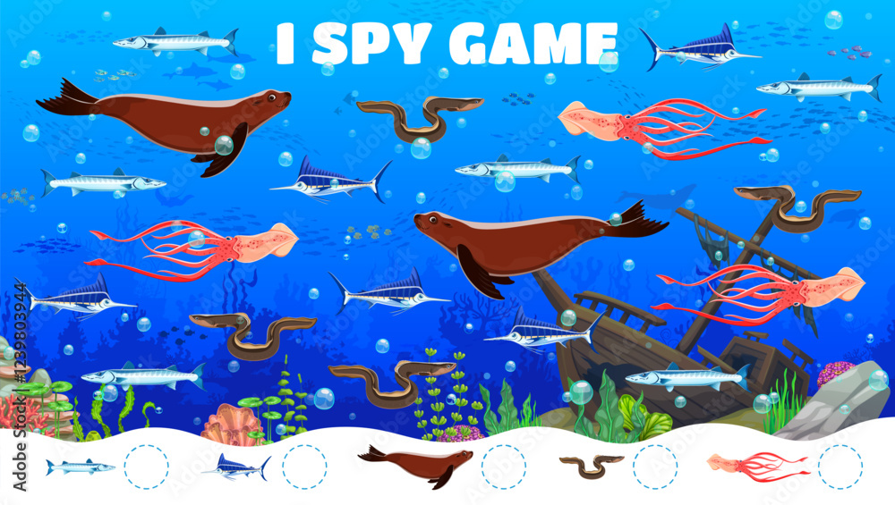 Poster kids i spy game worksheet with sea animals. counting puzzle, object finding riddle or kids calculati