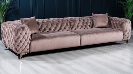 Obraz premium Luxurious brown velvet tufted sofa with metal legs in modern living room.