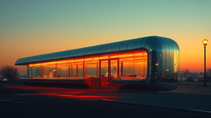 Fototapeta premium Futuristic bus stop illuminated at sunset.