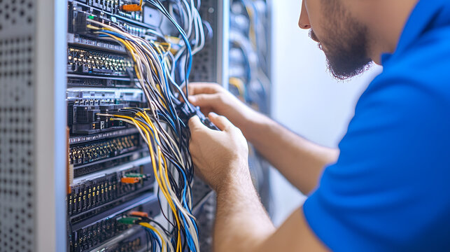 Network Engineer at Work: A focused network engineer meticulously connects cables to a server rack, his hands moving with precision and purpose.