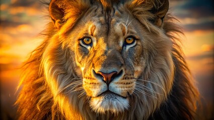 Naklejka premium Majestic Lion Close-Up Portrait: Wild Animal Photography