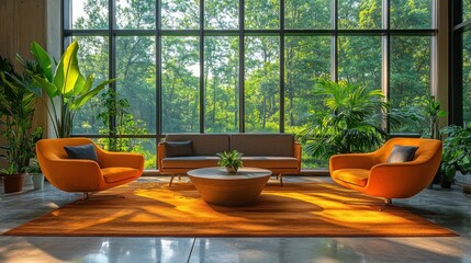 Modern living room with orange armchairs, sofa, coffee table, and large windows overlooking lush greenery.