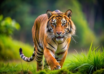 Obraz premium Majestic Male Malayan Tiger Striding Through Serene Grasslands