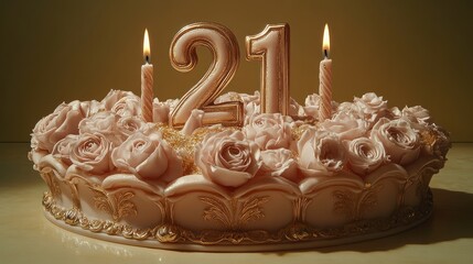 Elegant 21st birthday cake decorated with roses and gold accents, lit candles.