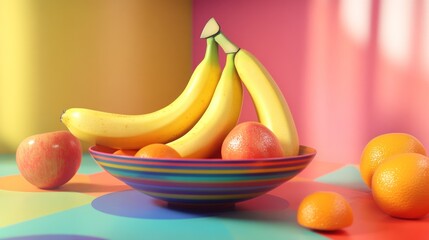 Colorful fruit bowl, bananas, apples, oranges, studio shot, vibrant background, healthy food