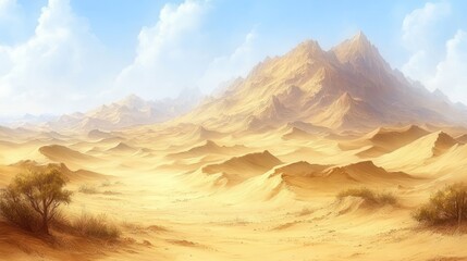Naklejka premium Sunny desert landscape with golden sand dunes and majestic mountains under a clear blue sky.