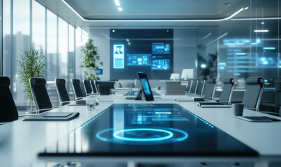 Modern Smart Office with Digital Assistants and Tech Features, A High-Tech Workspace for the Future