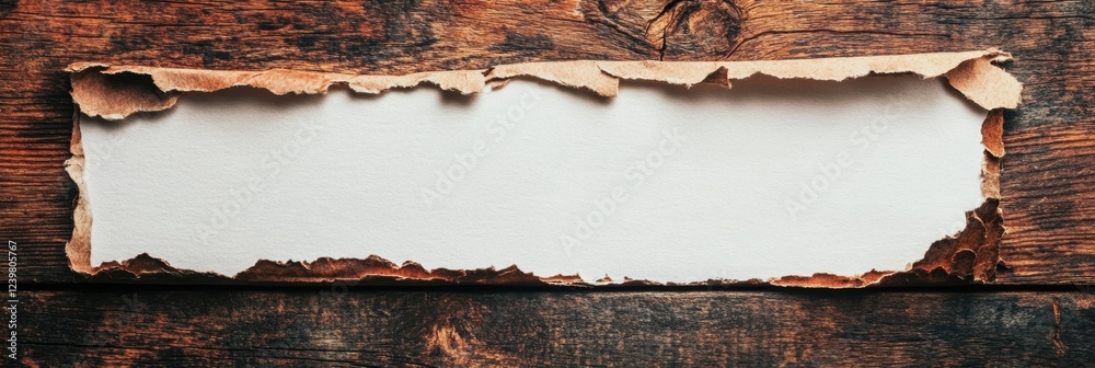 Poster torn paper on rustic wood background creates a vintage look for creative designs and announcements. 