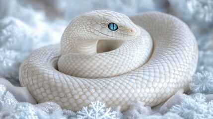 Fototapeta premium Albino snake coiled on snowy background.