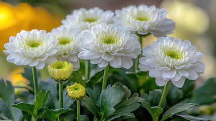 Close-up of six blooming white chrysanthemum flowers with two unopened buds.