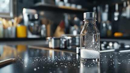 A close-up of a clear salt bottle with a metallic cap, resting on a kitchen counter with a background of modern cooking utensils.